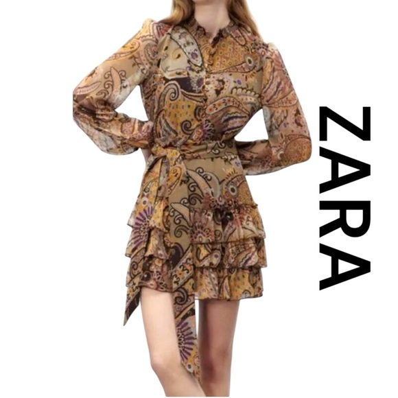 ZARA Paisley Print Chiffon Tiered Bottom Mini Dress, Size M. - Picture 1 of 12
